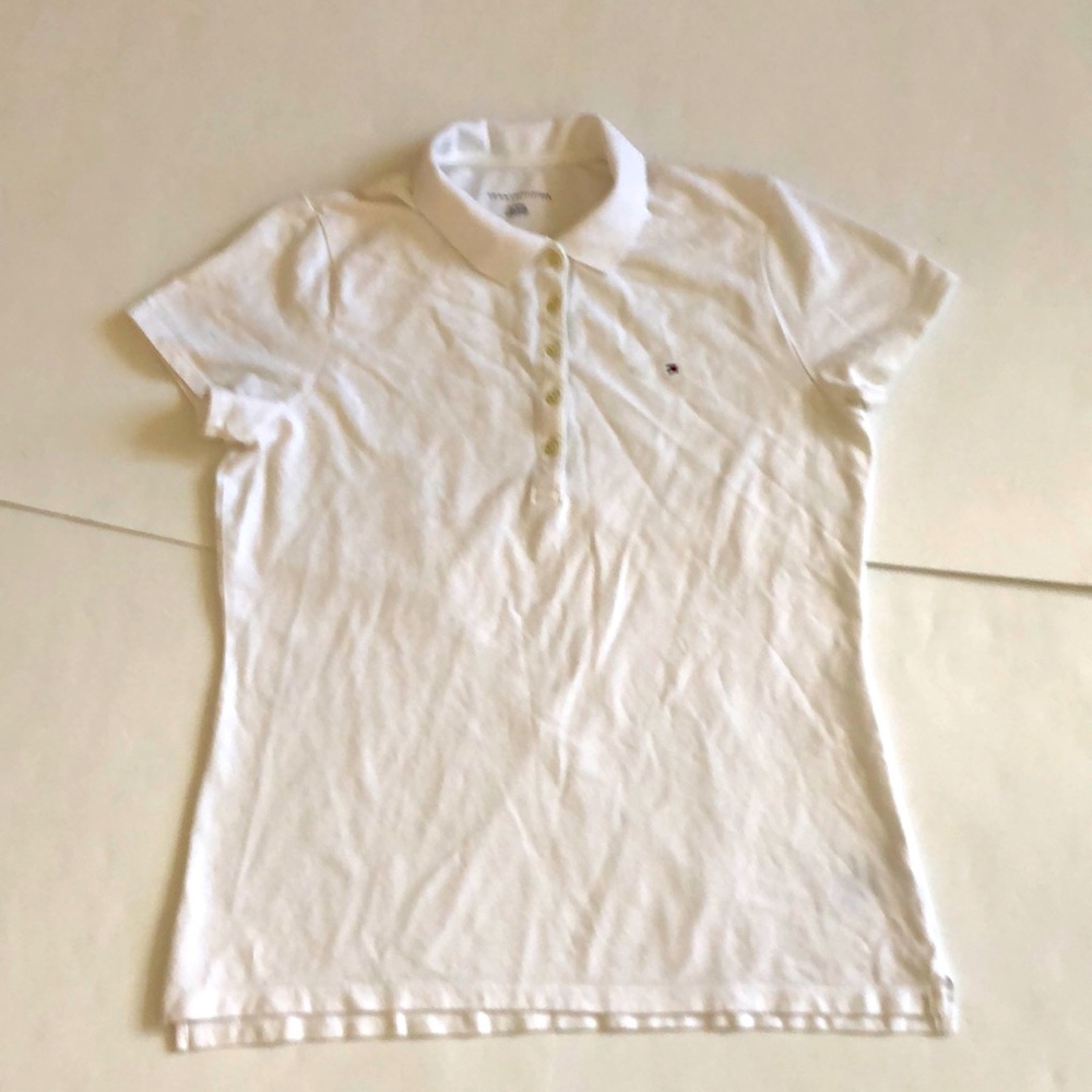 Tommy Hilfiger XL T-shirt Polo white 5 button embroidered logo split hem Great